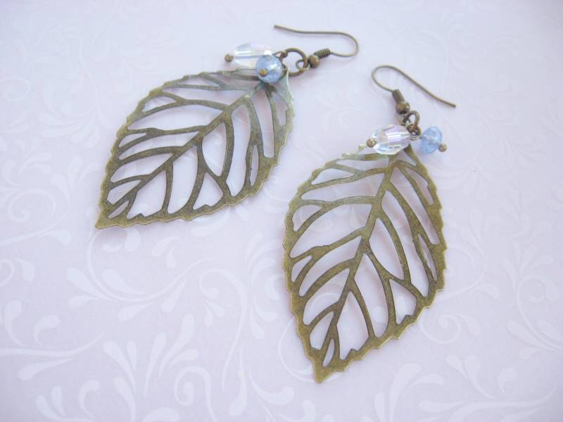 Ohrhänger Blatt Vintage Stil Ohrringe Filigran Bronze Fb. Glasperlen von Mondgarten