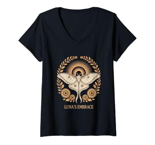 Damen Cottagecore LUNA'S Embrace Mondmotte Waldmond T-Shirt mit V-Ausschnitt von Mondmotte Waldromantik Cottagecore Natur