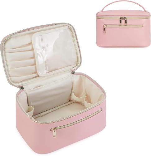 MondoHaus Kosmetiktasche Damen Groß – Schminktasche Reise Make Up Tasche mit Bürstenfach – Kulturtasche Organizer aus PU Leder – Tragbare Makeup Bag 23,5 x 14 x 13 cm Reise (Rosa) von MondoHaus