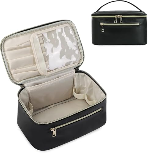 MondoHaus Kosmetiktasche Damen Groß – Schminktasche Reise Make Up Tasche mit Bürstenfach – Kulturtasche Organizer aus PU Leder – Tragbare Makeup Bag 23,5 x 14 x 13 cm Reise (Schwarz) von MondoHaus