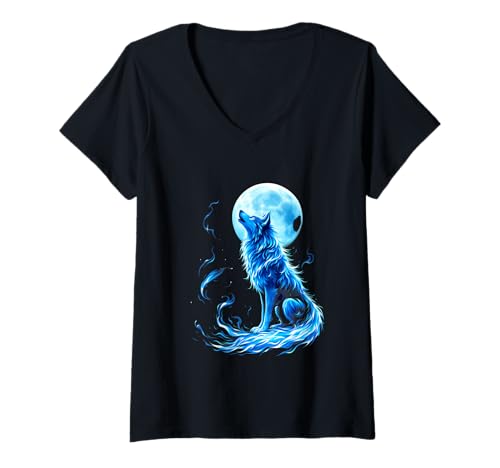 Damen Wolf Heult Zum Mond Mystik Blau T-Shirt mit V-Ausschnitt Damen Wolf Heult Zum Mond Mystik Blau T-Shirt mit V-Ausschnitt von Mondschein Wolf Mystischer Tiergeist