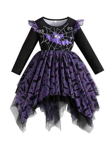 Monduelle Baby Mädchen Hexen Kleid Halloween Fledermaus Kleid Langarm Tutu Kleider Hexen Kostüm Fasching Karneval Partykleid Violett 86-92 von Monduelle