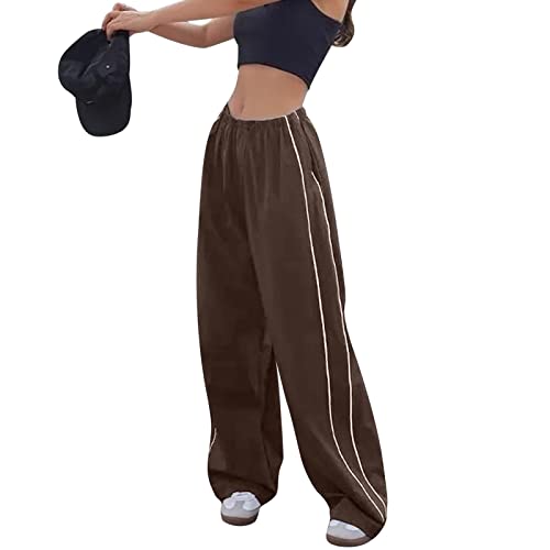 MoneRffi Damen Jogginghose Sporthosen Lange Sommer Damen Fallschirmhose Baggy Elastic Waist Relaxed Y2K Track Pant Hosen Sweathose mit Taschen(Dunkelbraun,L) von MoneRffi