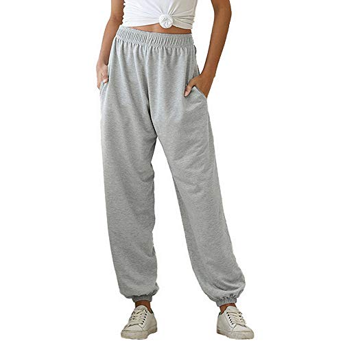 MoneRffi Damen Jogginghose Sporthosen Lange Yoga Hosen Loose Casual Jogginghose High Waist Loose Fit Elastischer Bund Freizeithosen Hohe Trainingsanzug Hosen Sweathose mit Taschen(Grau,Dünn,S) von MoneRffi