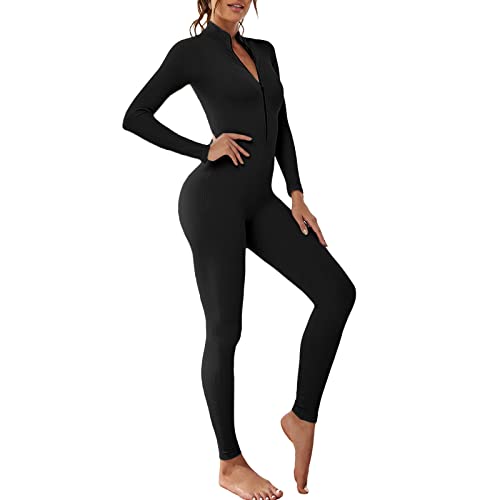 MoneRffi Damen Jumpsuit Lang Eng Yoga Overall mit Reißverschluss Sexy V-Ausschnitt Playsuits Fitness Slim Hosenanzug Trainingsanzug(Reißverschluss, Schwarz, S) von MoneRffi