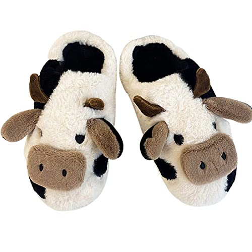 MoneRffi Damen Kuh Hausschuhe Cartoon Tiere Rutschfeste Linen Kuh Slippers, Niedliche Kuschelige Stumme Home Cow Hausschuhe Damen Herren Sommer Plüsch Winter Kuschel Slides von MoneRffi
