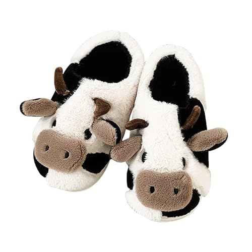 MoneRffi Damen Kuh Hausschuhe Winter Plüsch Warme Kuschel Flauschige Cartoon Hausschuhe Lustige Kawaii Cow Pantoffeln Rutschfeste Cozy Kuh Schlappen Indoor für Herbst Winter(B-Schwarz，EU35-36) von MoneRffi