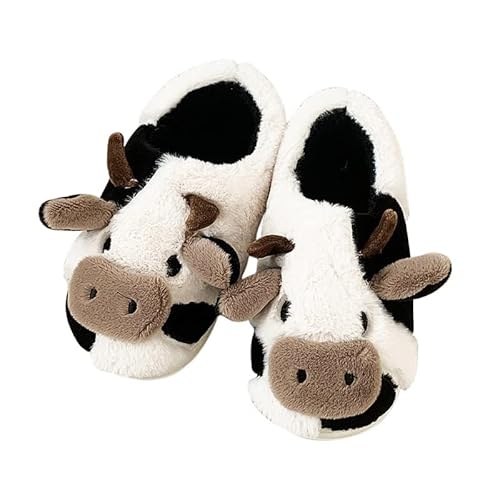 MoneRffi Damen Kuh Hausschuhe Winter Plüsch Warme Kuschel Flauschige Cartoon Hausschuhe Lustige Kawaii Cow Pantoffeln Rutschfeste Cozy Kuh Schlappen Indoor für Herbst Winter(B-Schwarz，EU37-38) von MoneRffi