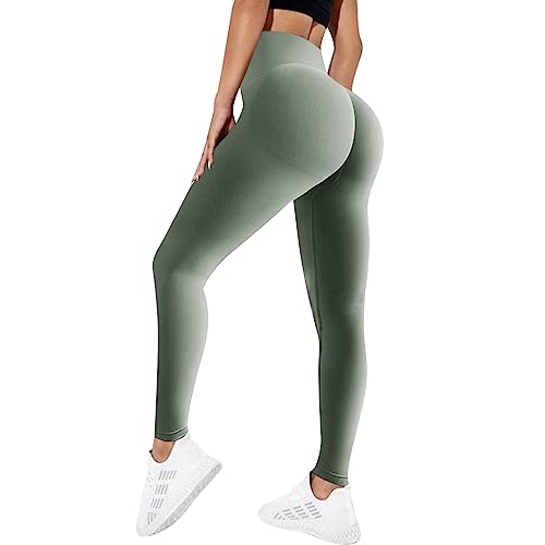 MoneRffi Damen Leggings Crossover Taille - Sport Leggings, High Waist Scrunch Butt Sportleggins, Seamless Elastisch Butt Yogahose Shaping Leggings(Armeegrün，M) von MoneRffi