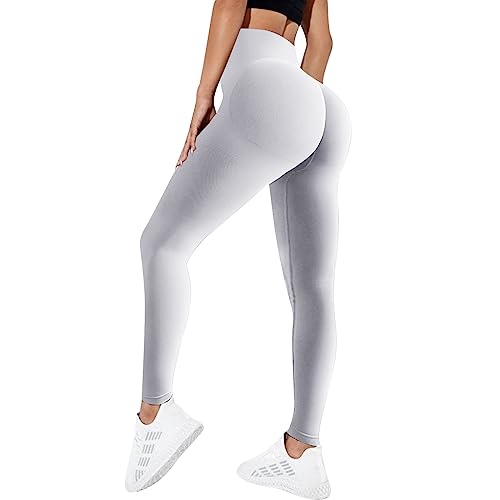 MoneRffi Damen Leggings Crossover Taille - Sport Leggings, High Waist Scrunch Butt Sportleggins, Seamless Elastisch Butt Yogahose Shaping Leggings(Hellgrau，L) von MoneRffi