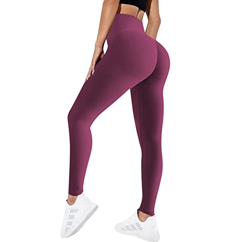 MoneRffi Damen Leggings Crossover Taille - Sport Leggings, High Waist Scrunch Butt Sportleggins, Seamless Elastisch Butt Yogahose Shaping Leggings(Rotwein，M) von MoneRffi