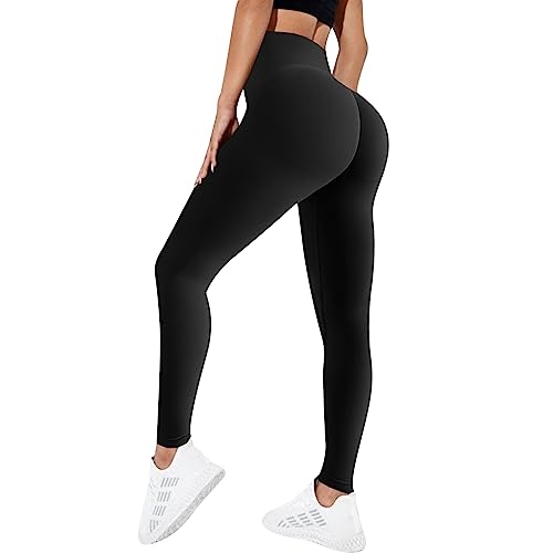 MoneRffi Damen Leggings Crossover Taille - Sport Leggings, High Waist Scrunch Butt Sportleggins, Seamless Elastisch Butt Yogahose Shaping Leggings(Schwarz，L) von MoneRffi