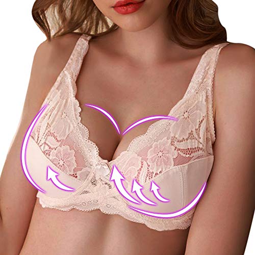 MoneRffi Damen Push Up Bügel BH Bequemer Leicht Still BH T-Shirt BH Vollschalen Spitze Floral Bralette sexy Unterwäsche Lingerie(E#beige，100C) von MoneRffi