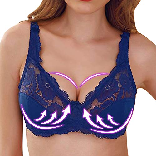 MoneRffi Damen Push Up Bügel BH Bequemer Leicht Still BH T-Shirt BH Vollschalen Spitze Floral Bralette sexy Unterwäsche Lingerie(E#blau，100C) von MoneRffi