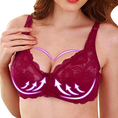 MoneRffi Damen Push Up Bügel BH Bequemer Leicht Still BH T-Shirt BH Vollschalen Spitze Floral Bralette sexy Unterwäsche Lingerie(E#rot，100C) von MoneRffi