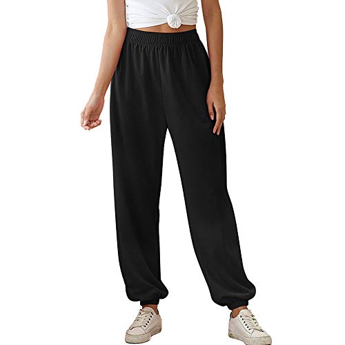 MoneRffi Damen Sporthosen Lang Jogginghose Loose Fit Elastischer Bund Freizeithosen Hohe Trainingsanzug Hosen Sweathose mit Taschen(Y#Schwarz (dünn)，XL) von MoneRffi