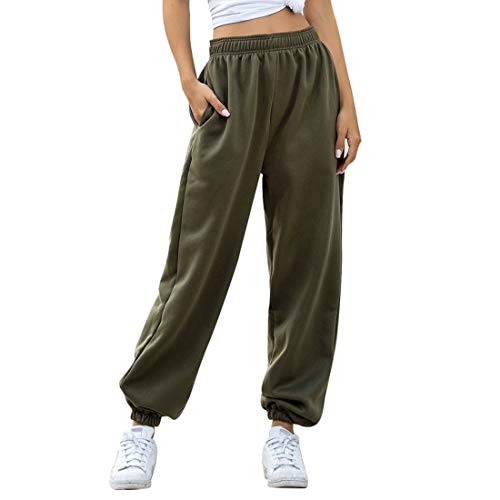 MoneRffi Damen Sporthosen Lang Jogginghose Loose Fit Elastischer Bund Freizeithosen Hohe Trainingsanzug Hosen Sweathose mit Taschen(Z#Armeegrün,M) von MoneRffi