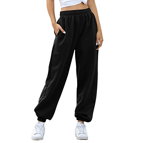 MoneRffi Damen Sporthosen Lang Jogginghose Loose Fit Elastischer Bund Freizeithosen Hohe Trainingsanzug Hosen Sweathose mit Taschen(Z#Schwarz，XL) von MoneRffi