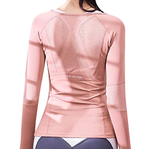 MoneRffi Funktionsshirt Damen Laufshirt Langarm Sportshirt Sport Training Schnell Trocken Sweatshirts mit Daumenlöche Atmungsaktive Running Longsleeve Sporttop Sportoberteile(Hell-Pink，L) von MoneRffi