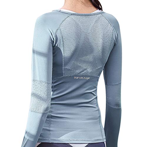 MoneRffi Funktionsshirt Damen Laufshirt Langarm Sportshirt Sport Training Schnell Trocken Sweatshirts mit Daumenlöche Atmungsaktive Running Longsleeve Sporttop Sportoberteile(Hellblau，M) von MoneRffi