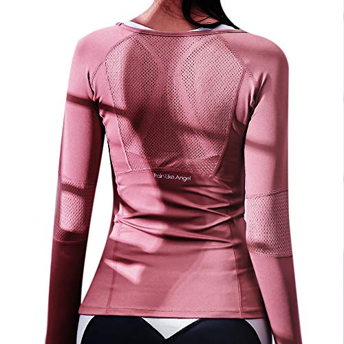 MoneRffi Funktionsshirt Damen Laufshirt Langarm Sportshirt Sport Training Schnell Trocken Sweatshirts mit Daumenlöche Atmungsaktive Running Longsleeve Sporttop Sportoberteile(Rosa，L) von MoneRffi