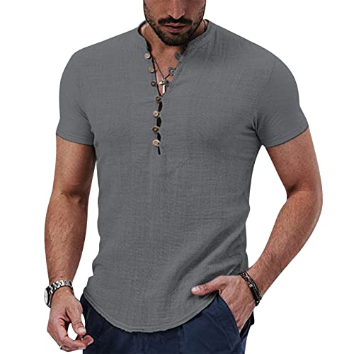 MoneRffi Herren Leinenhemd Kurzarm Hemd, Leichtes Loose Freizeithemd mit V Ausschnitt, Lässige Strand Hemd Sommer Shirt Tops von MoneRffi