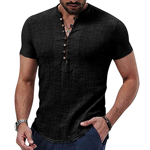 MoneRffi Herren Leinenhemd Kurzarm Hemd, Leichtes Loose Freizeithemd mit V Ausschnitt, Lässige Strand Hemd Sommer Shirt Tops von MoneRffi