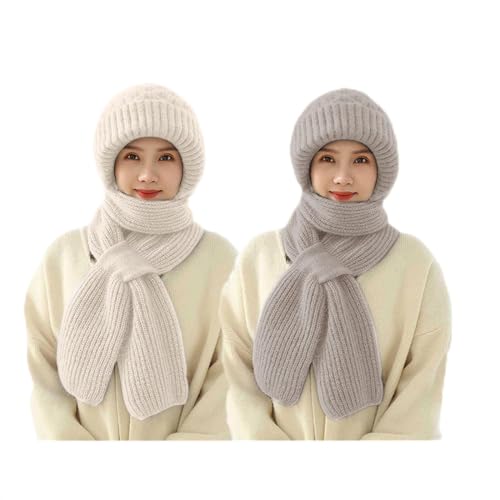 MoneRffi Integrierter Gehörschutz Winddichte Mütze Schal, Damen Warme 2 in 1 Maskenschal Strickmütze, Winter Strickmütze Verdickter Kapuzenschal für Frauen von MoneRffi