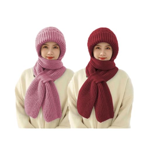 MoneRffi Integrierter Gehörschutz Winddichte Mütze Schal, Damen Warme 2 in 1 Maskenschal Strickmütze, Winter Strickmütze Verdickter Kapuzenschal für Frauen von MoneRffi