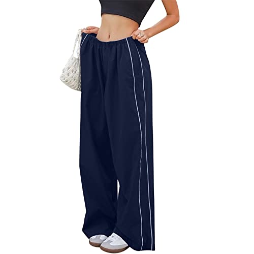 MoneRffi Y2K Hose Damen Streetwear Parachute Pants Weites Bein Cargohose Track Hose mit Kordelzug und Taschen schnell trocknende gestreifte Hose Elastische Taille Freizeithose von MoneRffi