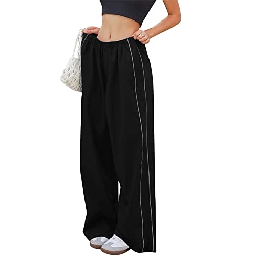 MoneRffi Y2K Hose Damen Streetwear Parachute Pants Weites Bein Cargohose Track Hose mit Kordelzug und Taschen schnell trocknende gestreifte Hose Elastische Taille Freizeithose von MoneRffi