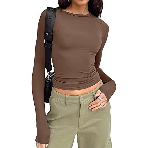 MoneRffi Y2K Oberteile Damen Basic Slim Fit Langarmshirt Unifarben Yoga Fitness Langärmeliges T-Shirt mit Rundhalsausschnitt von MoneRffi