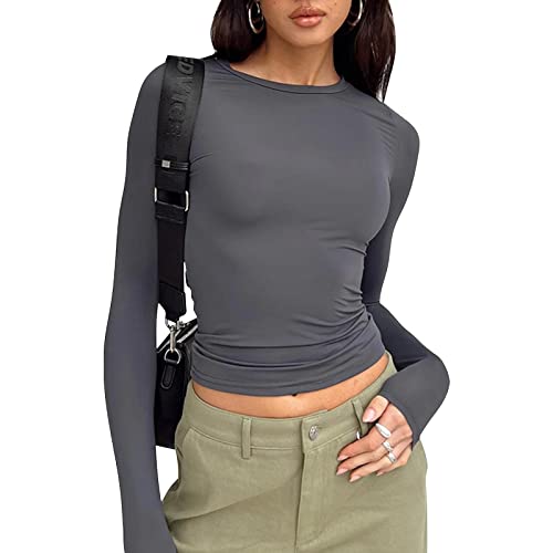 MoneRffi Y2K Oberteile Damen Basic Slim Fit Langarmshirt Unifarben Yoga Fitness Langärmeliges T-Shirt mit Rundhalsausschnitt von MoneRffi