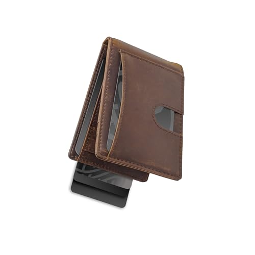Schlanke Ledergeldbörse mit Geldklammer | Vordertasche | Aufbewahrung für 1–10 Karten | Herren Slim Leder Bifold | RFID-blockierendes Leder, Dunkelbraun, Minimalistisch von Monetial