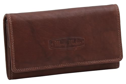 Money Maker - Damen Leder Geldbörse Großer Geldbeutel für Frauen Portemonnaie mit RFID-Schutz Braun von Money Maker