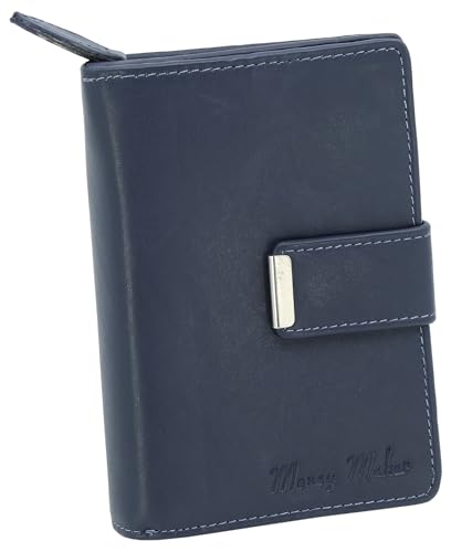 Money Maker Damen Leder Geldbörse handlicher Geldbeutel aufklappbar mit vielen Fächern (Blau) von Money Maker
