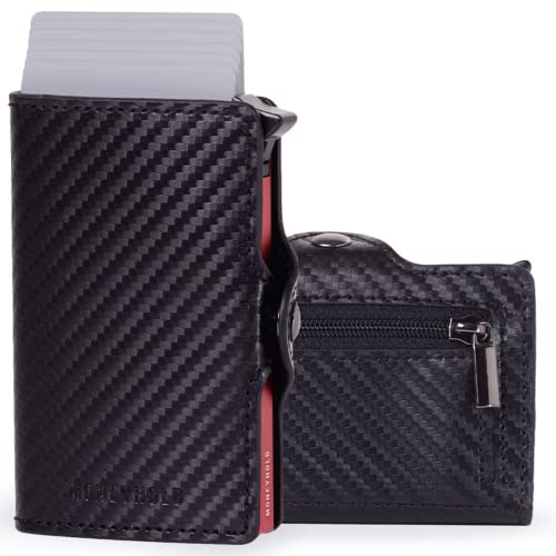 Moneyhold® Slim Wallet - Kartenetui Herren - Mini Geldbörse Herren auch mit Münzfach - Karten Portemonnaie Herren Klein (1 - Ohne Münzhalter, 1A - Carbon Schwarz/Rot) von Moneyhold