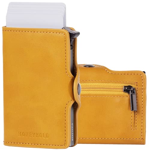 Moneyhold® Slim Wallet - Kartenetui Herren - Mini Geldbörse Herren auch mit Münzfach - Karten Portemonnaie Herren Klein (1 - Ohne Münzhalter, 1D - Okragelb) von Moneyhold