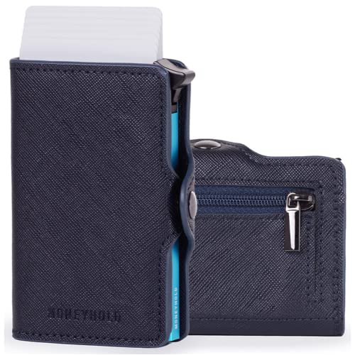 Moneyhold® Slim Wallet - Kartenetui Herren - Mini Geldbörse Herren auch mit Münzfach - Karten Portemonnaie Herren Klein (1 - Ohne Münzhalter, 1E - Saffianoblau) von Moneyhold