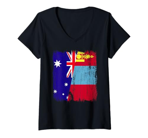 Damen Australien Mongolei Halbflagge Australien Mongolian Jersey T-Shirt mit V-Ausschnitt Damen Australien Mongolei Halbflagge Australien Mongolian Jersey T-Shirt mit V-Ausschnitt von Mongolia Flag Designs Proud Mongolian Roots