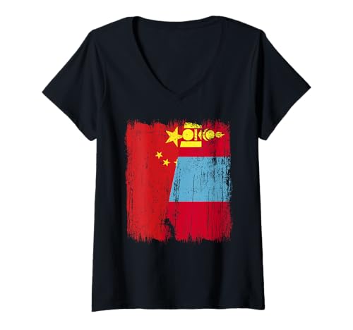Damen China Mongolei Halbflagge Chinesisches Mongolisches Trikot T-Shirt mit V-Ausschnitt Damen China Mongolei Halbflagge Chinesisches Mongolisches Trikot T-Shirt mit V-Ausschnitt von Mongolia Flag Designs Proud Mongolian Roots