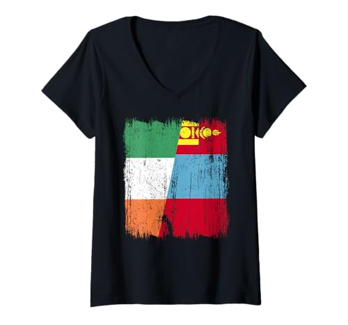 Damen Irland Mongolei Halbflagge Irisch Mongolisch Trikot T-Shirt mit V-Ausschnitt Damen Irland Mongolei Halbflagge Irisch Mongolisch Trikot T-Shirt mit V-Ausschnitt von Mongolia Flag Designs Proud Mongolian Roots