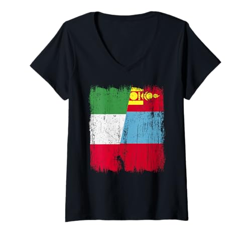 Damen Italien Mongolei Halbflagge Italienisches Mongolisches Trikot T-Shirt mit V-Ausschnitt Damen Italien Mongolei Halbflagge Italienisches Mongolisches Trikot T-Shirt mit V-Ausschnitt von Mongolia Flag Designs Proud Mongolian Roots