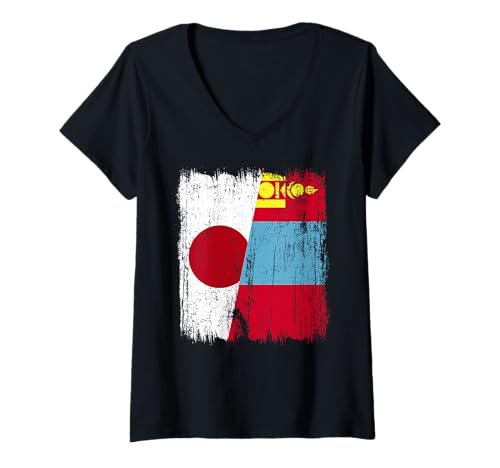 Damen Japan Mongolei Halbflagge Japanisches Mongolisches Trikot T-Shirt mit V-Ausschnitt Damen Japan Mongolei Halbflagge Japanisches Mongolisches Trikot T-Shirt mit V-Ausschnitt von Mongolia Flag Designs Proud Mongolian Roots