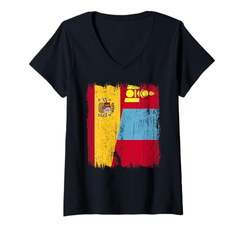 Damen Spanien Mongolei Halbflagge Spanisch Mongolisch Trikot T-Shirt mit V-Ausschnitt Damen Spanien Mongolei Halbflagge Spanisch Mongolisch Trikot T-Shirt mit V-Ausschnitt von Mongolia Flag Designs Proud Mongolian Roots
