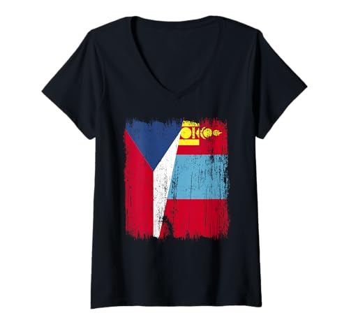 Damen Tschechische Republik Mongolei Halbflagge Tschechien Mongolei Trikot T-Shirt mit V-Ausschnitt Damen Tschechische Republik Mongolei Halbflagge Tschechien Mongolei Trikot T-Shirt mit V-Ausschnitt von Mongolia Flag Designs Proud Mongolian Roots