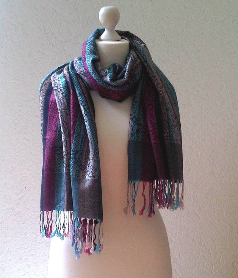 Fransen Webschal Xl-Schal Gestreift Petrol Pink Paisley Muster Pashmina Stil Unisex Schal Weicher Griff Breites Schultertuch Stola von MoniCasaExclusive