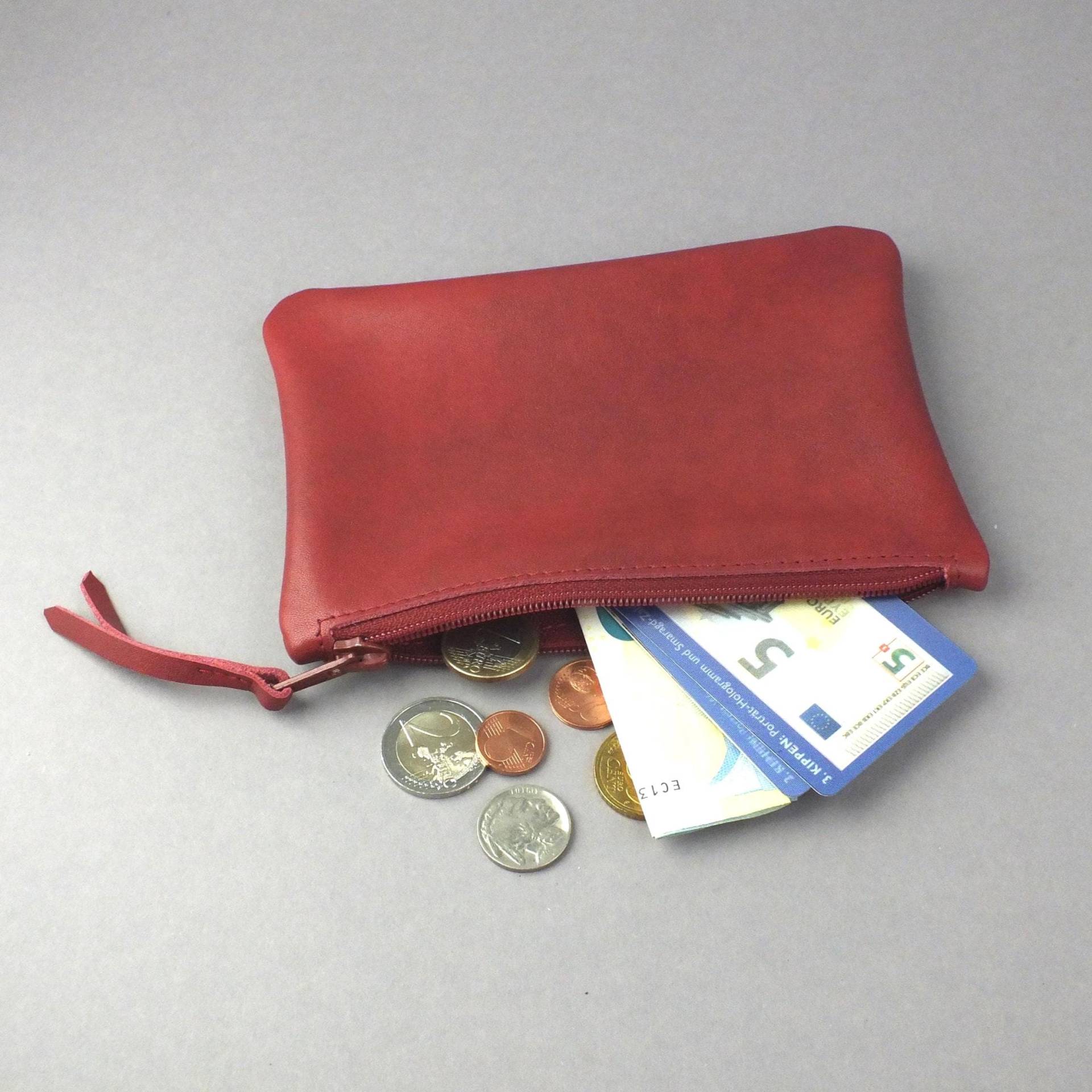 Echtleder Geldbeutel Rot - Weiche Geldtasche Münzengeldbörse Mit Reißverschluss Leder Kramtasche von MoniaHerbst