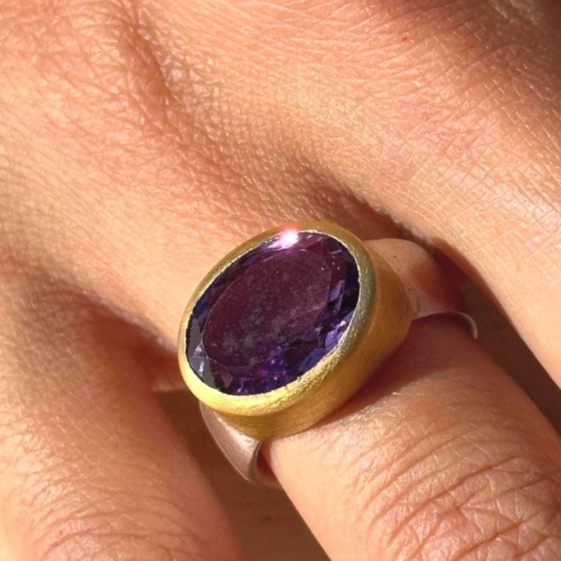 Ametrin Ring | Handgefertigter Edelsteinring Aus Silber Und Gold Zweifarbiger Stein Amethyst Citrin Größe 53, 5 von MonikaHerreDesign