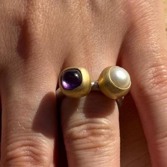 Perle & Amethyst Ring | Handgefertigter Gold Silber Mit Zwei Edelsteinen Vermeil Schmuck Größe 54 von MonikaHerreDesign
